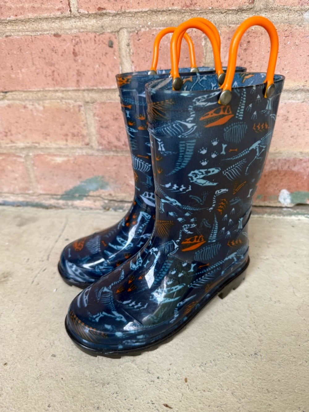 Western Chief Navy Dinosaur Rain Boots with Orange Handles